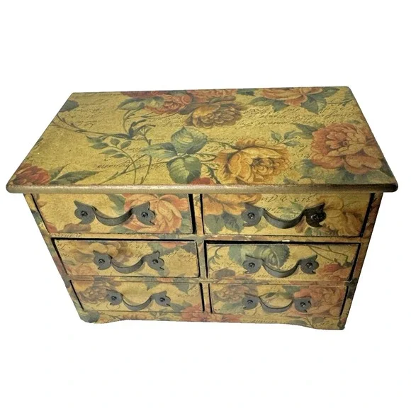 Jewelry Box Victorian Style Découpage Floral 6 Drawer Vintage