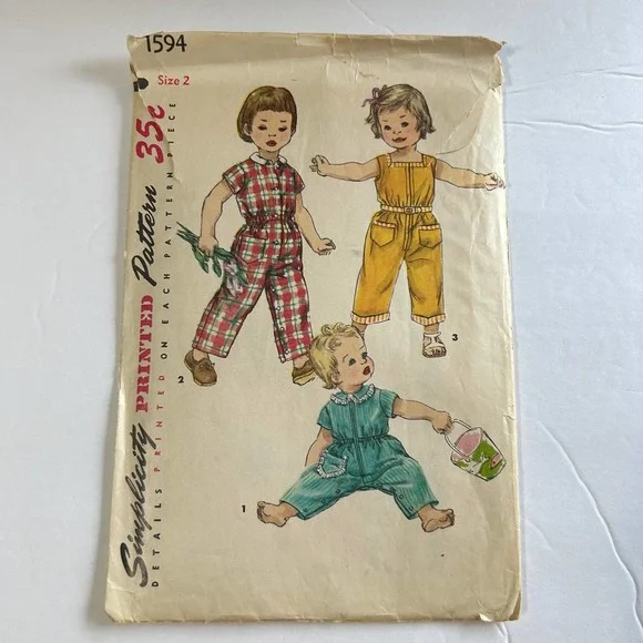Simplicity Vintage 1950's Pattern‎ #1594 Toddler One Piece Overall Size 2
