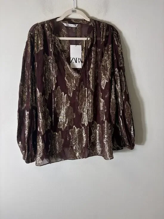 Zara Brown and Gold Threaded Sheer Top Sz L