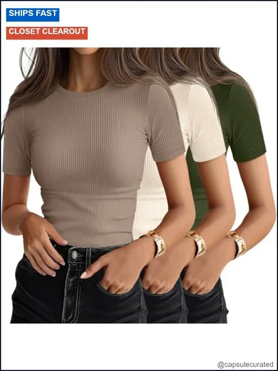 3 Pack Women's Ribbed Short Sleeve T-Shirts, Cotton Crewneck Tees, Slim Fit,