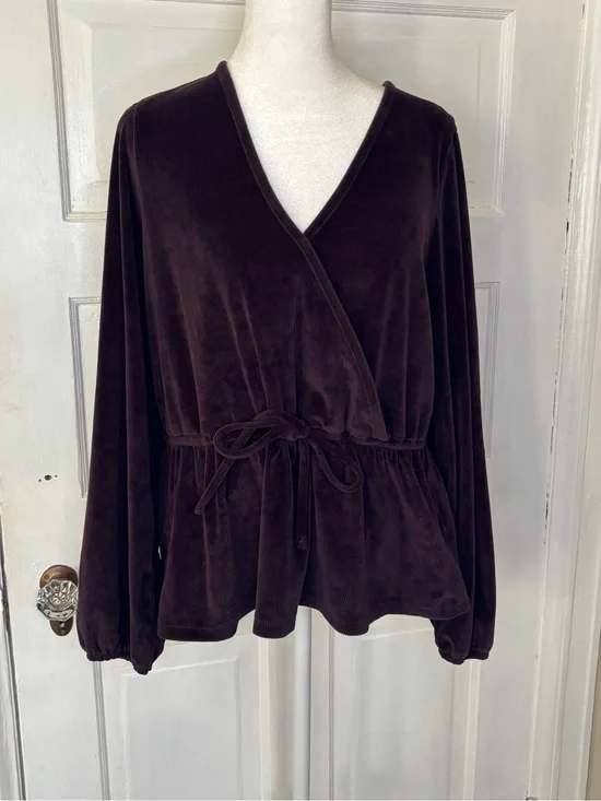Madewell Tie Front Faux Wrap Corduroy Blouse in Spiced Raisin