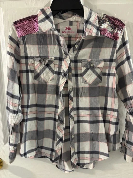Justice Girls Gray and Pink Plaid Button-Up Shirt with Pink Sequin Shoulders
