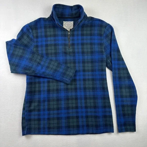 St John's Bay Pullover Mens M Blue Plaid Fleece Quarter Zip Soft Winter Casual