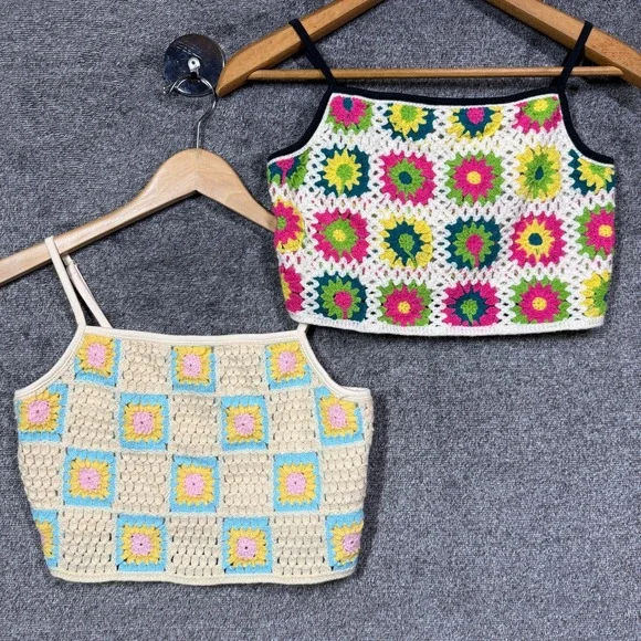 Wild Fable Crochet Crop Top Lot 2 Floral Patchwork Cami Multi Cream Small Boho