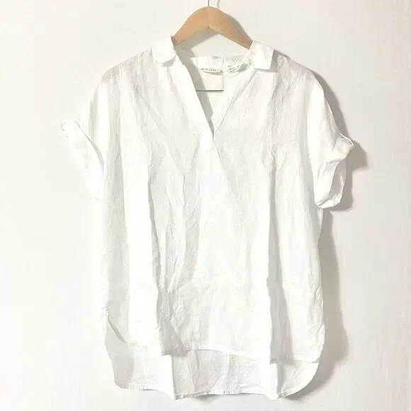 Nicole Miller White 100% Linen V-Neck Popover Top Shirt Roll Tab Short Sleeve