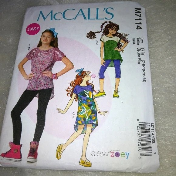 MCCALL'S M7114 Sz 7-14 Girl's tops, dress, leggings, and headband. EASY