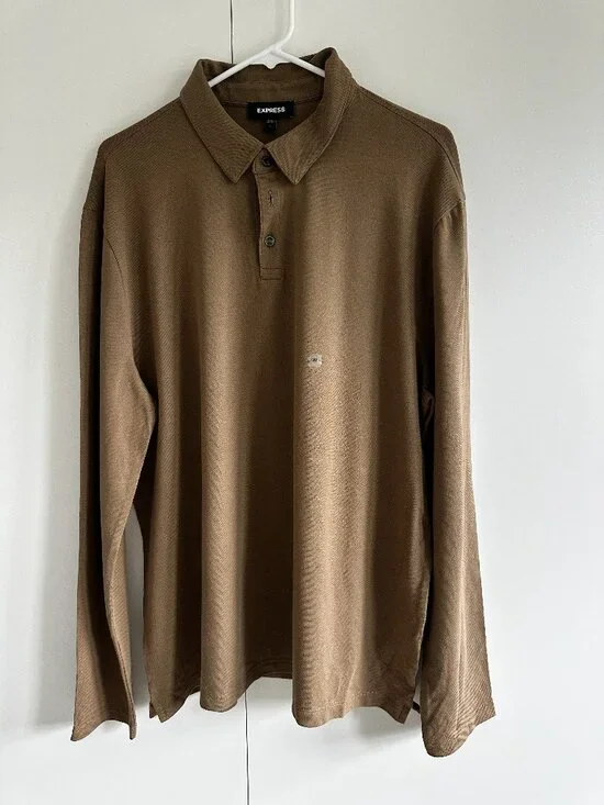 NWT Express Men's Luxe Pique Long Sleeve Three Button Polo Brown Size XL