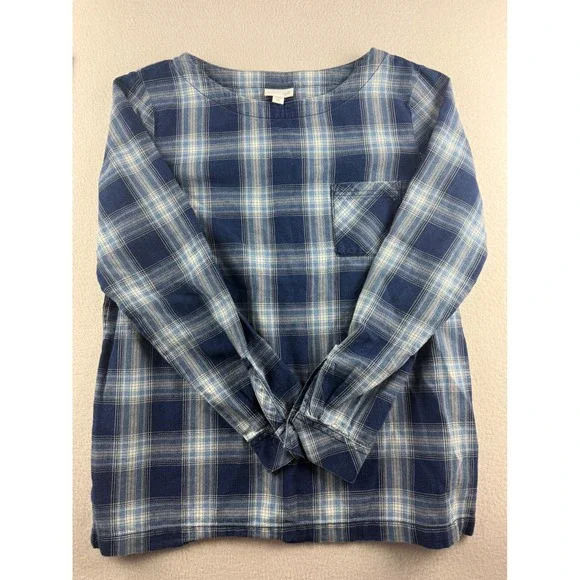 J Jill Womens Medium Tall Blue Plaid Cotton Button Back Long Sleeve Top Shirt