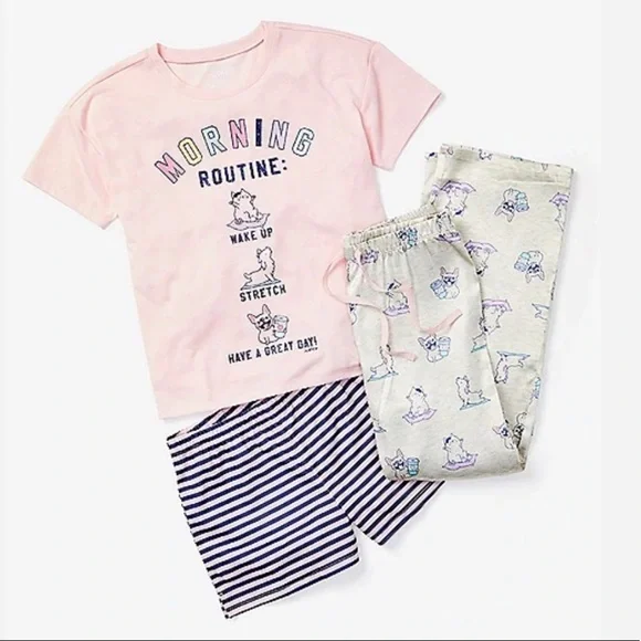 NWT justice 3 piece morning routine pajamas girl 6 pants short sleeve SS