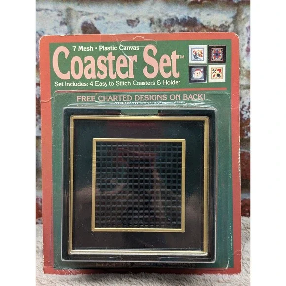 Vtg 1988 Needleform Plastic Canvas Coaster Set Kit DARK GREEN 7 Mesh C-4 USA