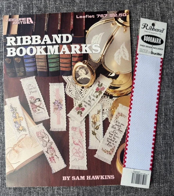 Vintage Leisure Arts Ribband Bookmarks Pattern Leaflet 767 + 14 ct. Bookmark