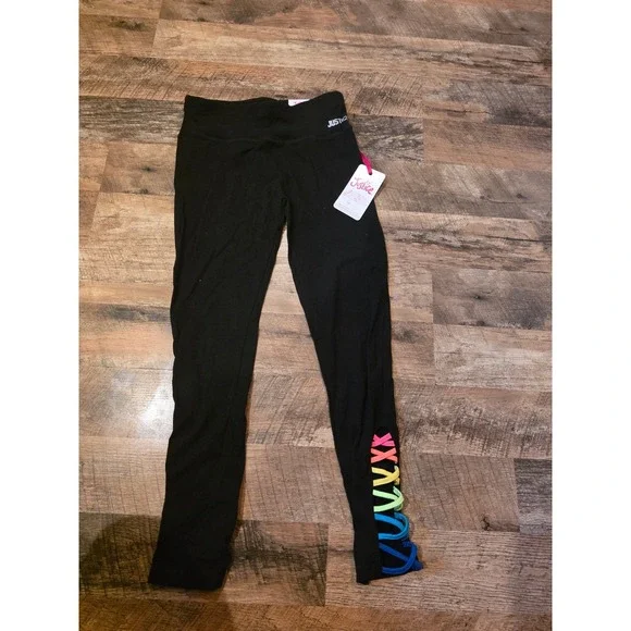 Justice Girls Black Ankle Leggings Rainbow Lace Up Detail Size L 12/14 NWT