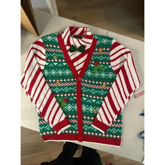 Blizzard Bay Mens Multicolor Stripe Christmas Bow Tie Cardigan Sweater Large