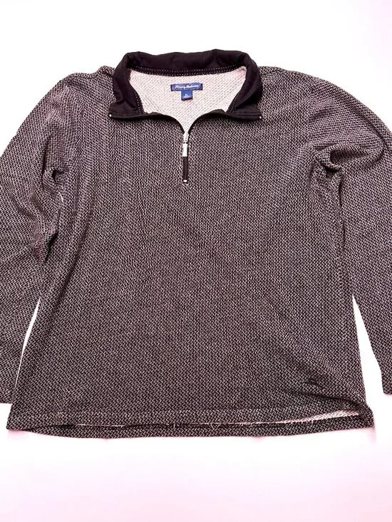 Tommy Bahama XL Long Sleeve 1/4 Zip Sweater Black and Gray herringbone Men's