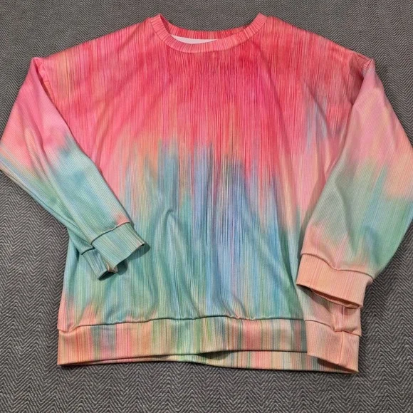 Multicolor Tie Dye Ribbed Texture Sweatshirt Pink Blue Pastel Crewneck Medium