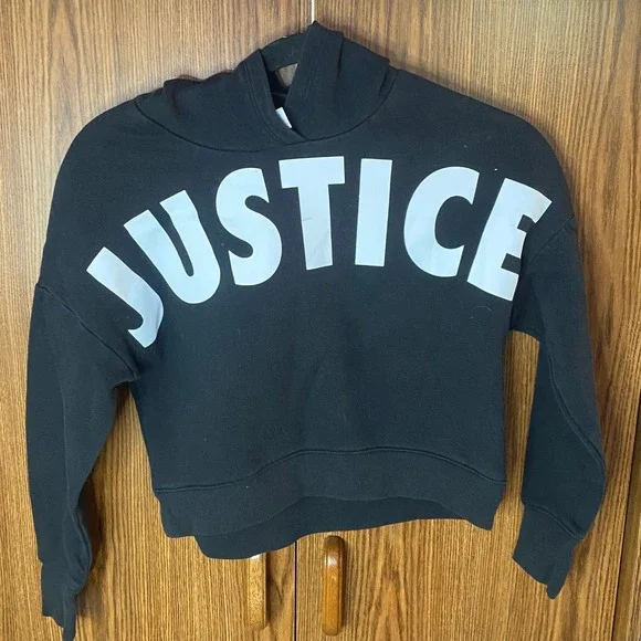 Justice Cropped Hoodie Girls Size 8 Black Logo Pullover Sweatshirt Activewear