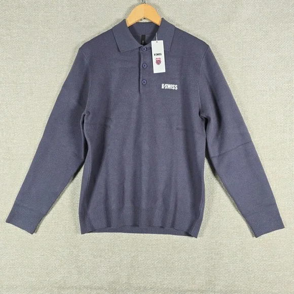 K-Swiss Mens Long Sleeve Polo Sweater Size‎ Small Purple Knit Big Logo NWT