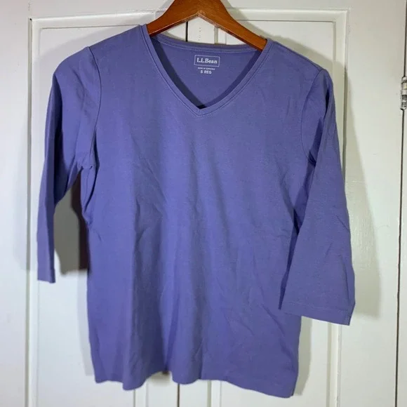 LL Bean Womens Small Purple V-Neck 3/4 Sleeve 100% Cotton Tee Shirt 244335