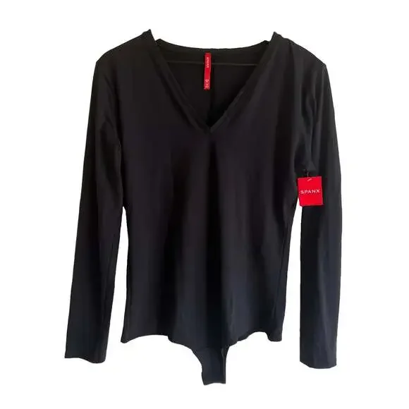NWT Spanx V Neck Long Sleeve Black Bodysuit Size 1X Plus Casual Basics Stretch