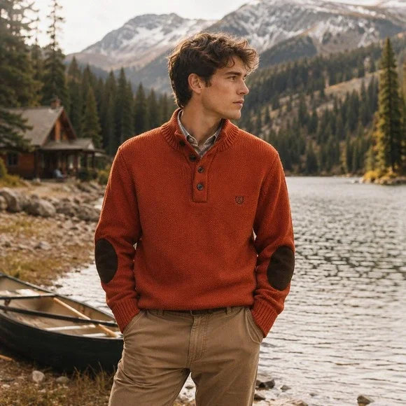 Chaps Elbow Patch Mock Neck Sweater Mens M‎ Orange Rust Henley Preppy Outdoors