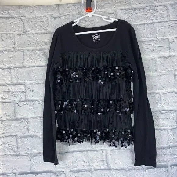 Justice youth girls 12 sequin ruffle Longsleeve top black