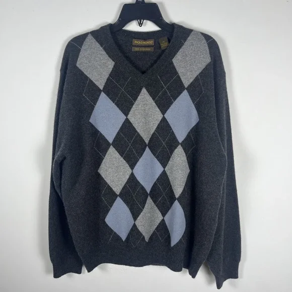 Paolo Mondo Men 100% Cashmere Diamond Argyle V Neck Sweater Gray XL Old Money