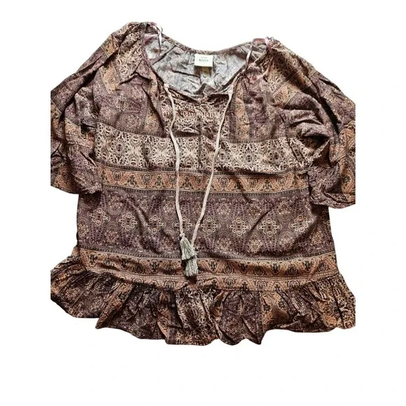 Knox Rose Womens XL Boho Peasant Top Paisley Floral Tassel Ruffle Hem Blouse