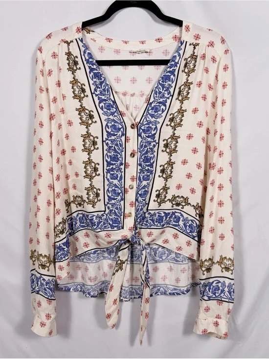 Mystree Boho Tie Front Blouse Sz L Ivory Blue Border Print Peasant Top