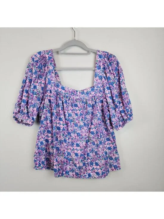 Vineyard Vines Seersucker Square Neck sz M  Floral Puff Sleeve Cotton Blouse