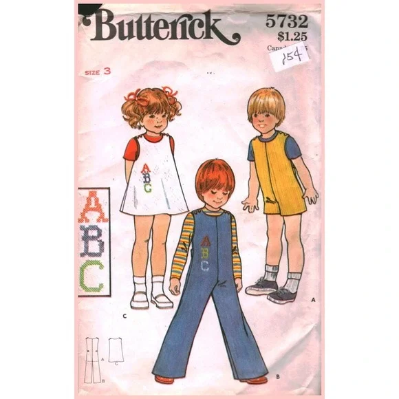 Vintage Butterick 5732 Toddlers Jumper Jumpsuit Embroidery Pattern Size 3 1970s
