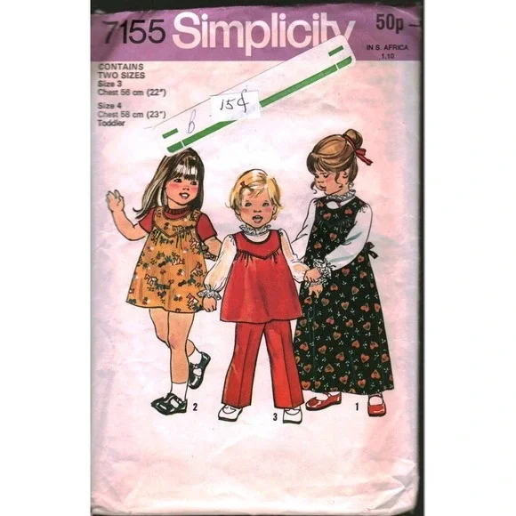 Vintage Simplicity 7155 Toddler Jumper Top Pants Blouse Sewing Pattern Size 3 4