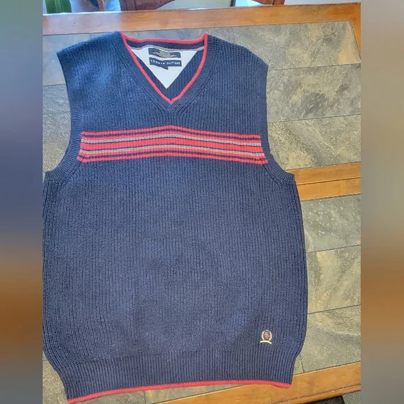 Vtg Tommy Hilfiger Blue Sweater Vest Size XL V Neck Monogram Lion Crown‎ Y2K