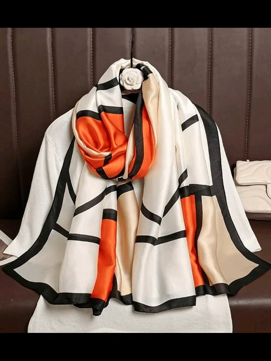Silk-Feel Geometric Print Scarf - Orange, Cream & Black 35.4