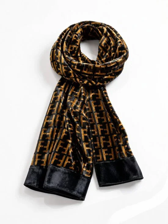VTG FENDI Zucca Silk Velvet Black Gold Metallic FF Monogram Scarf RARE