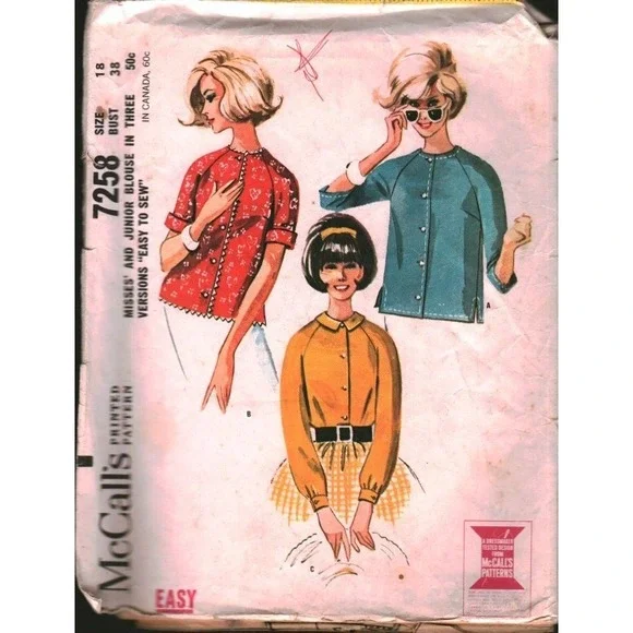 Vintage 1964 McCalls 7258 Sewing Pattern Misses Junior Blouse Raglan Sleeve 18