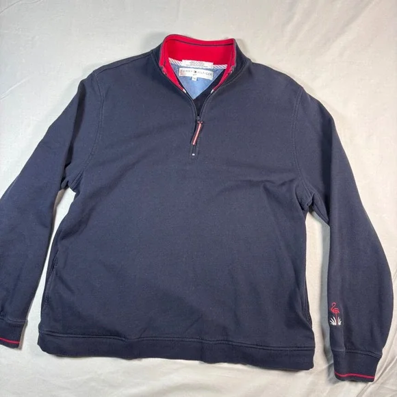 Tommy Hilfiger Golf Men Large Navy Blue Quarter Zip Flamingo Pullover Sweatshirt