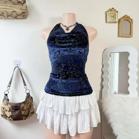 Y2K Blue Velvet Burnout Halter Top Goth Fairy Top