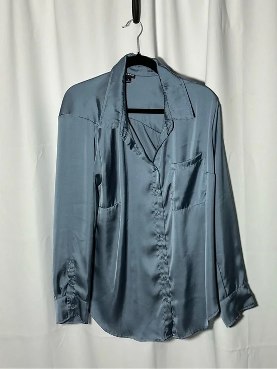 torrid Satin-Look Button Down Shirt in Slate Blue