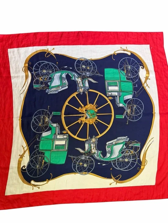 Vintage Carriage Wheel Silk Scarf - Red, Navy & Green