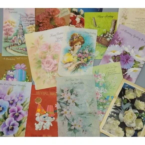 15 Old Vintage‎ Used Greeting Card Fronts for Crafts Mice Flowers Birthday