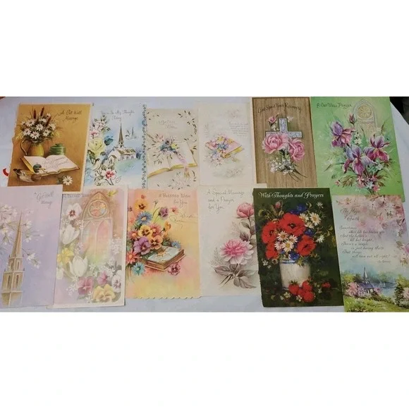 13 Old Vintage Used Greeting Card Fronts Crafts Flowers Get Well Christian Theme