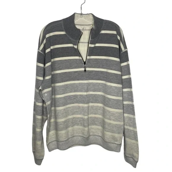 Tommy Bahama Mens Large Grey Striped Quarter Zip Pullover Sweater Cotton Blend