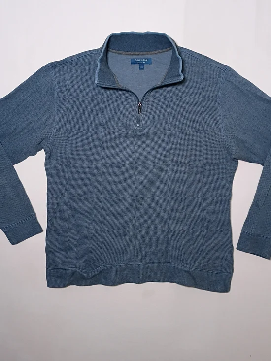 Cole Haan Grand OS Mens Pullover 1/4 Zip Sweater Large Blue Textured Mock Neck