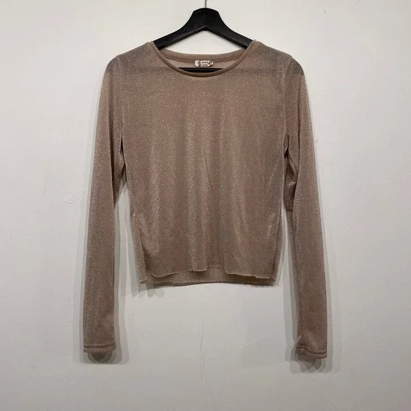 Free People Intimately Metallic Shimmer Long Sleeve Top Champagne Rose Gold M