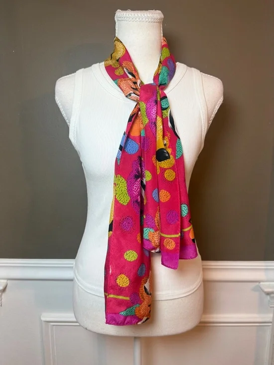 Jones New York Vintage Y2K Silk Scarf Pink Floral Polka‎ Dot 51x11