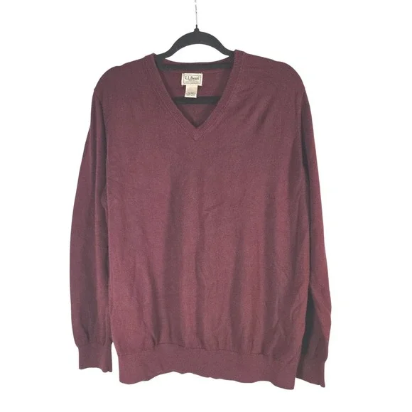 L.L.Bean Men's XL Regular V-Neck Cotton Cashmere Sweater Maroon Burgundy‎