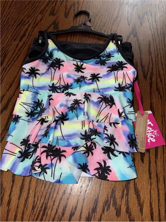 NWT Girls Justice Medium 7/8 Swimming Suit Swimsuit Palm Trees Two Piece Rainbow