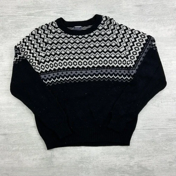 Vintage 80s VIP Geometric Sweater‎ Size Medium Black White Grandpa Pullover