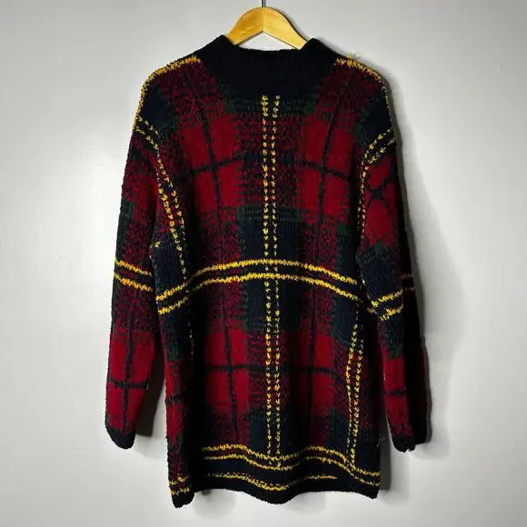 Vintage Hand Knit Jones New‎ York Tartan Plaid Wool Sweater Men's Large