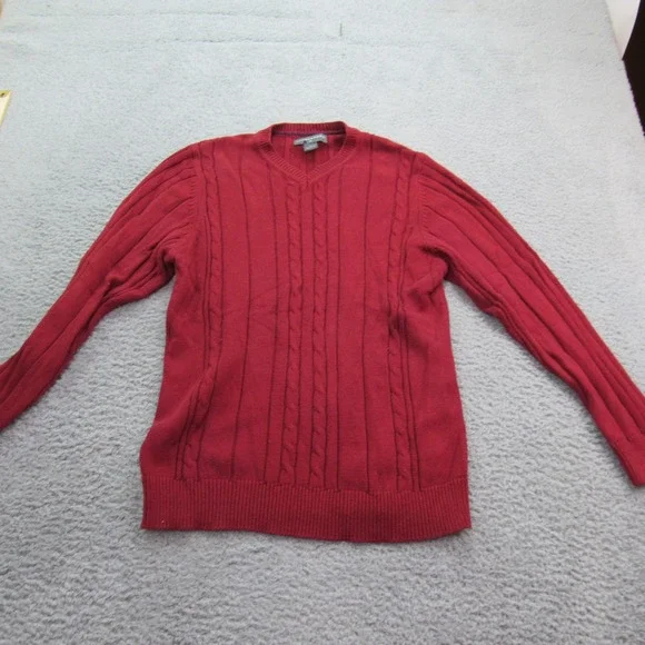 Saddlebred Men's Red Cable Knit V-Neck Long Sleeve Cotton‎ Sweater Med